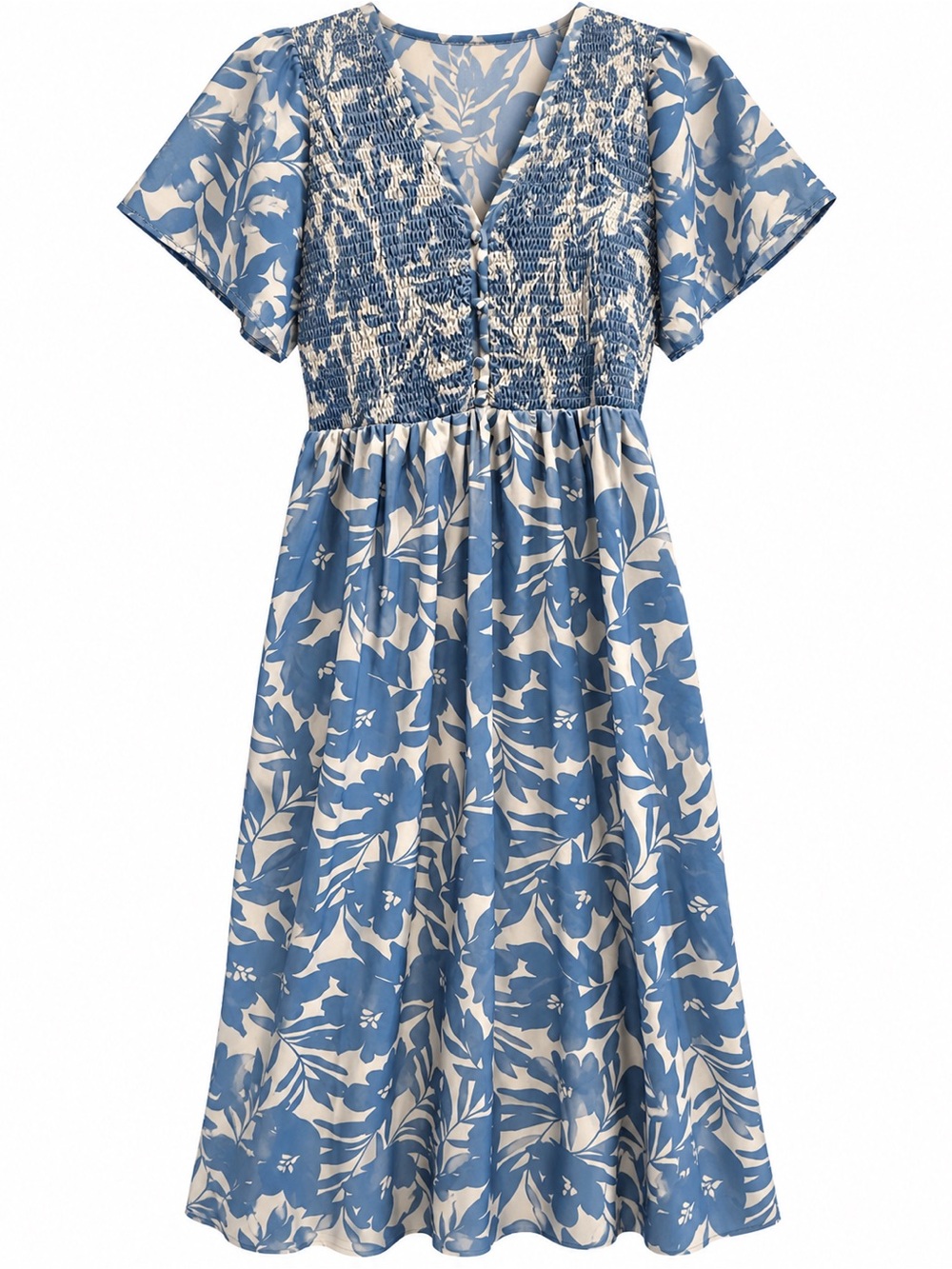 Baltic Born Blue Floral Smocked Maxi Dress Flutter Sleeve Size L